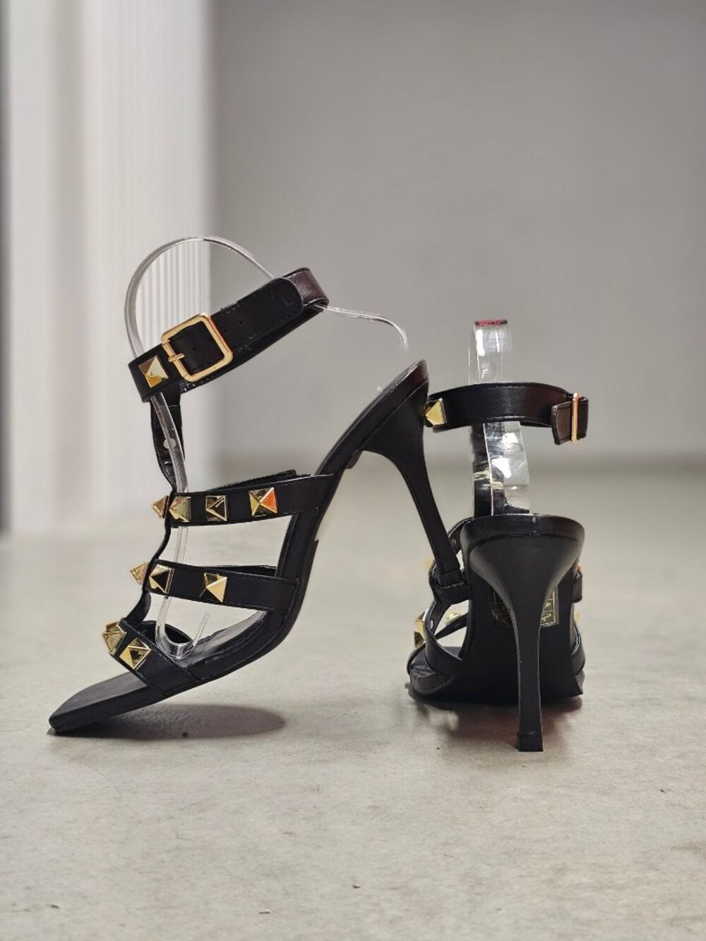 Black Studded High Heel Sandals With Square Toe & Adjustable Ankle Strap